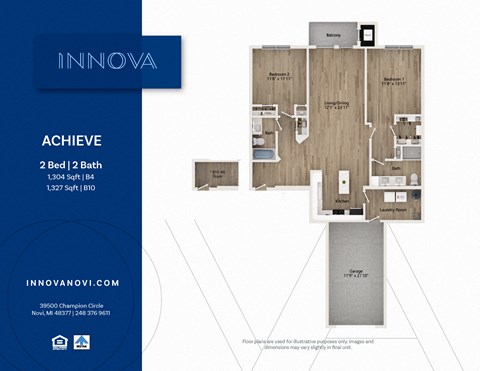 Floor plan for 2 beds, 2 baths, 1304 sqft